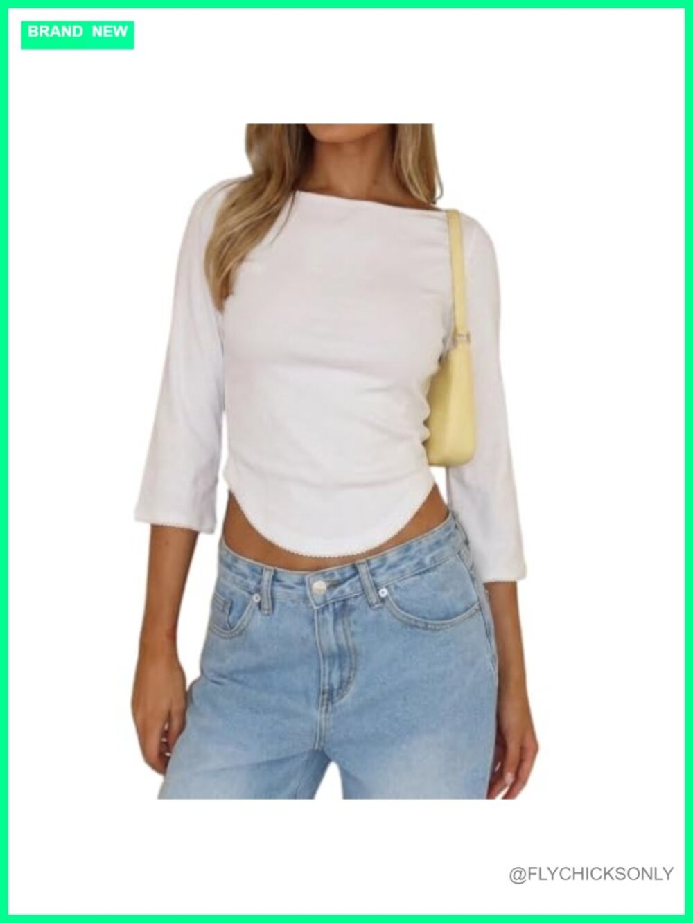Y2K 3/4 Sleeve Boat Neck Crop T Shirt Picot Trim Curved Hem Going Out Tee